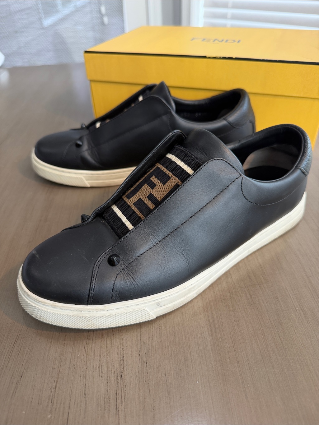 Fendi Black Leather Slip-On Sneakers With Brown Ff Logo Band
